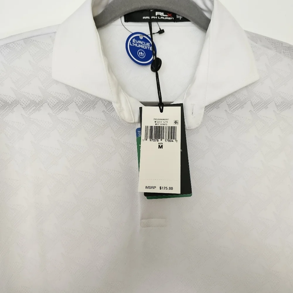 RLX Ralph Lauren Polo Shirt Mens Medium White Boat Print Golf Moisture Wicking